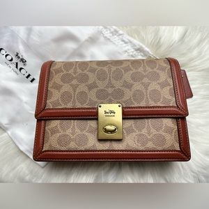 Coach Hutton 3492 Tan Rust Shoulder Flap Bag Signature Canvas Leather ChainStrap